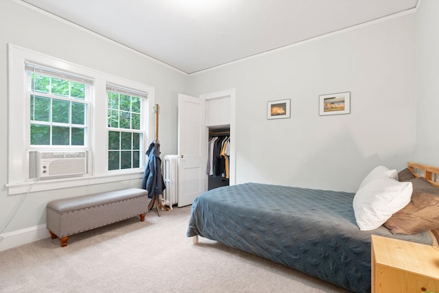 952 Goodrich Ave, Saint Paul, MN 55105 - bedroom featuring cooling unit, crown molding, light colored carpet, radiator, and a spacious closet