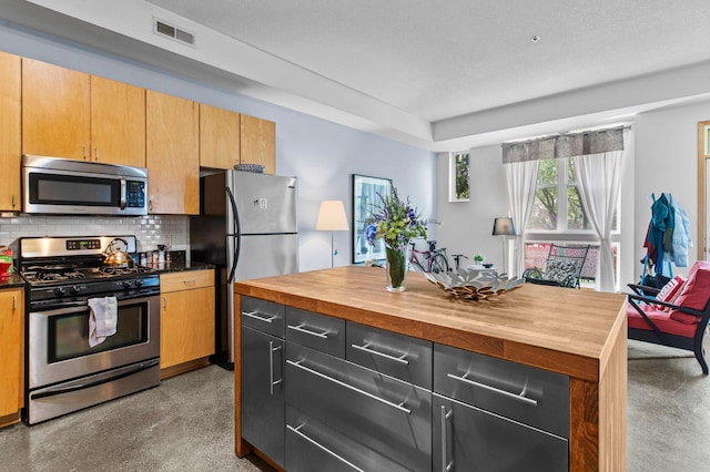 2650 University Ave W Unit 1, Saint Paul, MN 55114 - kitchen featuring appliances with stainless steel finishes, butcher block counters, backsplash, and dark cabinets
