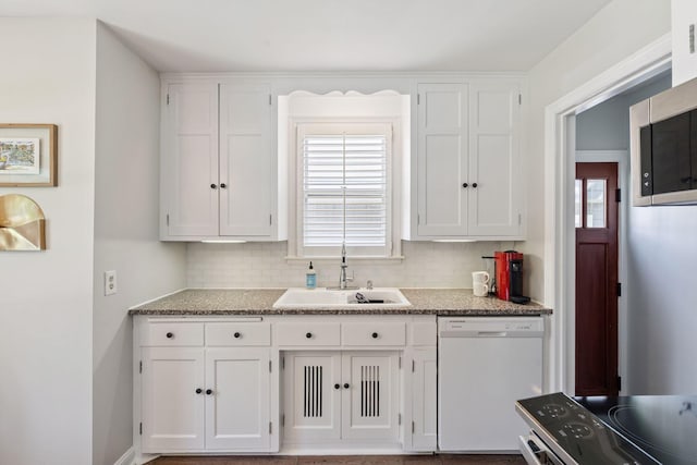 5605 Logan Ave S, Minneapolis, MN 55419 - kitchen with dishwasher, electric range, white cabinetry, and decorative backsplash