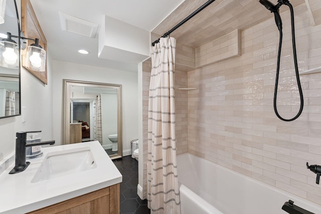 5605 Logan Ave S, Minneapolis, MN 55419 - bathroom featuring vanity, shower / bath combo with shower curtain, tile patterned flooring, and recessed lighting