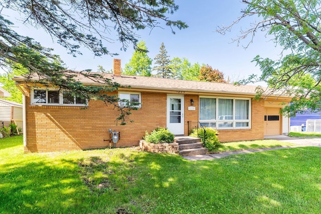 1229 Arrowhead Rd, Duluth, MN 55811 - ranch-style home with brick siding, a garage, a chimney, and a front lawn