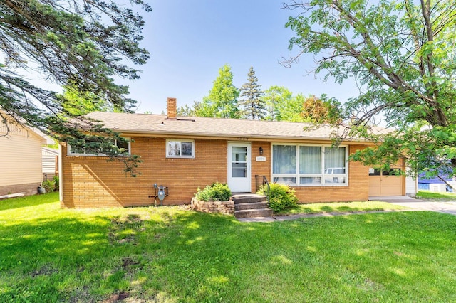 1229 Arrowhead Rd, Duluth, MN 55811 - ranch-style home featuring brick siding, a chimney, a front lawn, and concrete driveway