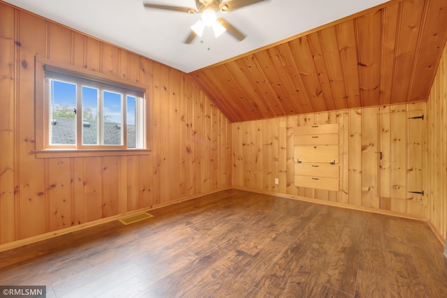 5116 28th Ave S, Minneapolis, MN 55417 - bonus room featuring ceiling fan, wood finished floors, vaulted ceiling, wooden walls, and baseboards