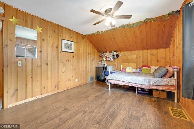 5116 28th Ave S, Minneapolis, MN 55417 - bedroom featuring wood finished floors, wood walls, lofted ceiling, and a ceiling fan
