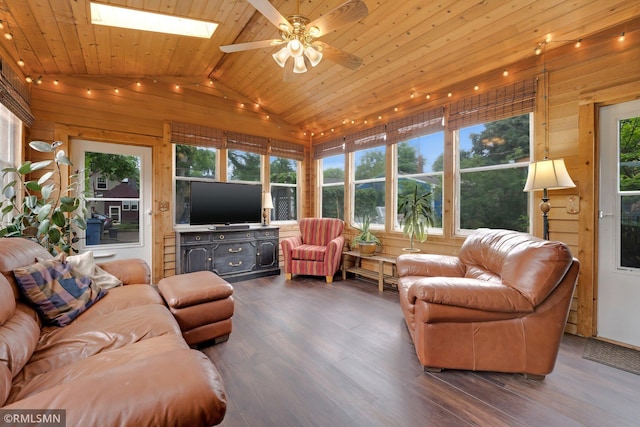 5116 28th Ave S, Minneapolis, MN 55417 - living area with vaulted ceiling, dark wood-style floors, wood ceiling, a ceiling fan, and wood walls