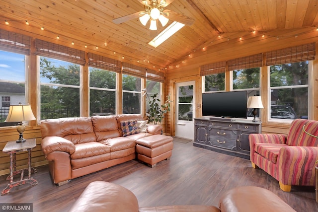 5116 28th Ave S, Minneapolis, MN 55417 - living area with lofted ceiling, wood finished floors, a ceiling fan, wooden ceiling, and a skylight