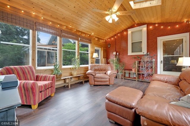 5116 28th Ave S, Minneapolis, MN 55417 - living room featuring lofted ceiling, wood ceiling, a ceiling fan, a skylight, and wood finished floors
