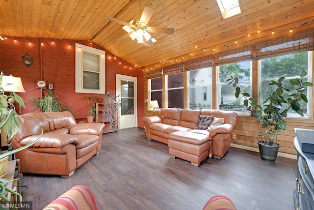 5116 28th Ave S, Minneapolis, MN 55417 - living room featuring vaulted ceiling, wood finished floors, wooden ceiling, a skylight, and a ceiling fan