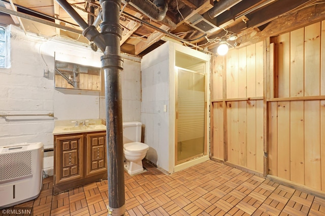 5116 28th Ave S, Minneapolis, MN 55417 - bathroom with toilet, a stall shower, vanity, and heating unit
