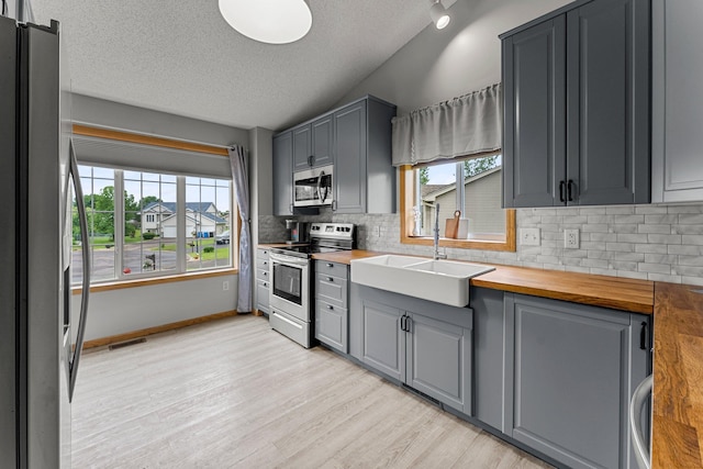920 Lincoln Ct S, Cambridge, MN 55008 - kitchen with stainless steel appliances, gray cabinets, butcher block counters, plenty of natural light, and a textured ceiling