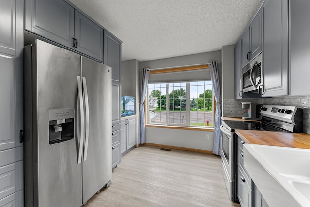 920 Lincoln Ct S, Cambridge, MN 55008 - kitchen with appliances with stainless steel finishes, light wood-style floors, backsplash, wooden counters, and a textured ceiling