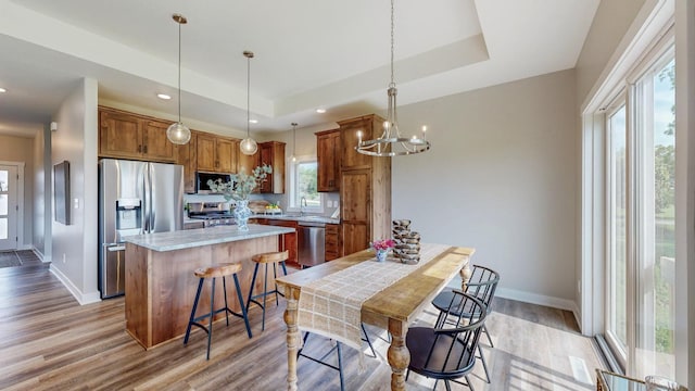509 Golfview Ave, Zumbrota, MN 55992 - kitchen featuring appliances with stainless steel finishes, a tray ceiling, a kitchen island, brown cabinets, and light wood finished floors