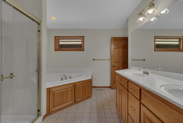332 Waite Ave S, Saint Cloud, MN 56301 - bathroom with a stall shower, a garden tub, double vanity, and tile patterned floors