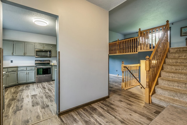 3220 Vine St, Cambridge, MN 55008 - kitchen with appliances with stainless steel finishes, a textured ceiling, wood finished floors, green cabinetry, and light countertops