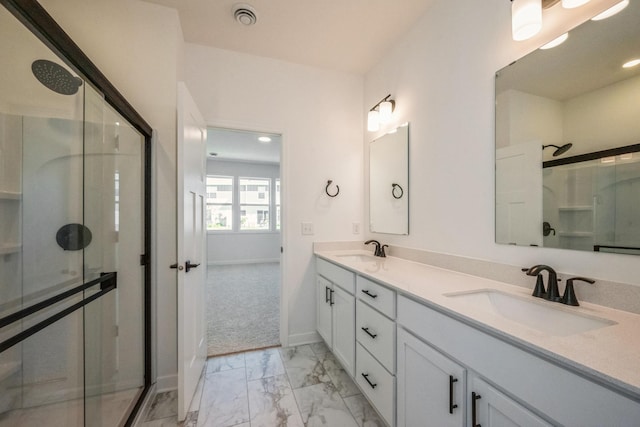 14526 111th Ave E, Dayton, MN 55369 - bathroom with marble finish flooring, a stall shower, double vanity, and baseboards