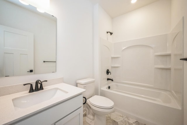 14526 111th Ave E, Dayton, MN 55369 - full bathroom with vanity, toilet, tub / shower combination, recessed lighting, and marble finish floors