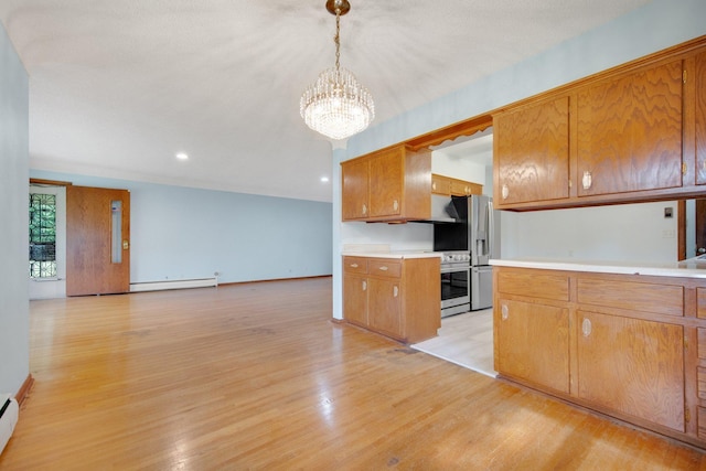 895 Humboldt Ave W, Saint Paul, MN 55118 - kitchen with baseboard heating, brown cabinets, light countertops, stainless steel appliances, and recessed lighting