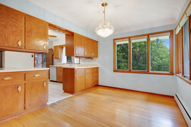 895 Humboldt Ave W, Saint Paul, MN 55118 - kitchen featuring a baseboard radiator, brown cabinetry, stainless steel dishwasher, and light wood-style floors