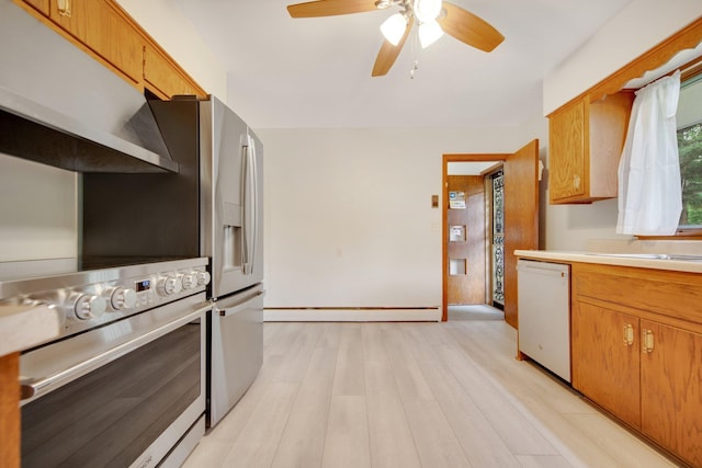 895 Humboldt Ave W, Saint Paul, MN 55118 - kitchen featuring stainless steel electric range, dishwasher, a baseboard heating unit, a ceiling fan, and light countertops