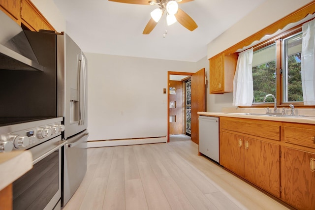 895 Humboldt Ave W, Saint Paul, MN 55118 - kitchen featuring dishwashing machine, electric range, under cabinet range hood, a baseboard radiator, and light countertops