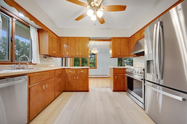 895 Humboldt Ave W, Saint Paul, MN 55118 - kitchen with stainless steel appliances, brown cabinetry, a baseboard heating unit, and light countertops