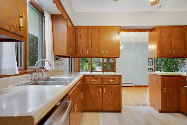 895 Humboldt Ave W, Saint Paul, MN 55118 - kitchen with dishwasher, light countertops, brown cabinets, and a baseboard heating unit