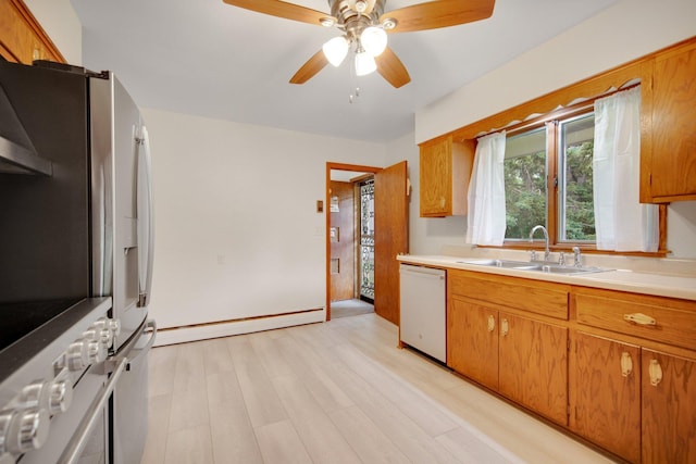 895 Humboldt Ave W, Saint Paul, MN 55118 - kitchen with dishwasher, light countertops, a ceiling fan, and brown cabinets