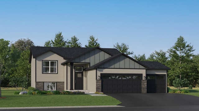 26610 8th St W, Zimmerman, MN 55398 - view of front of property with stone siding, board and batten siding, a garage, a front yard, and asphalt driveway