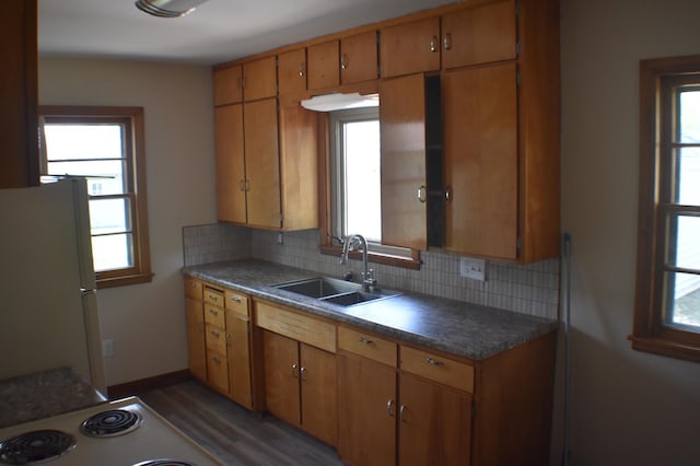 13 S St, Morris, MN 56267 - kitchen with freestanding refrigerator, decorative backsplash, wood finished floors, and plenty of natural light