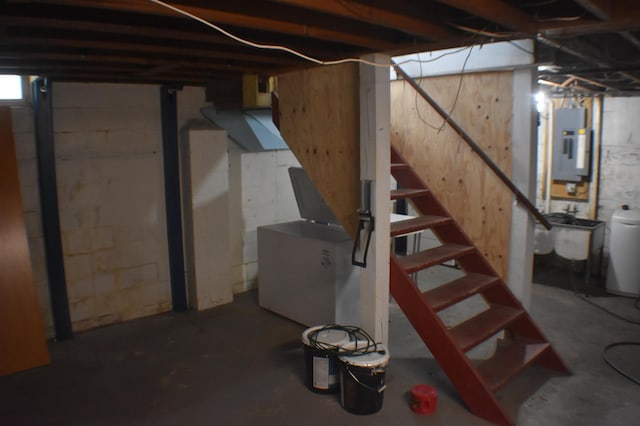 13 S St, Morris, MN 56267 - unfinished basement featuring electric panel and stairway