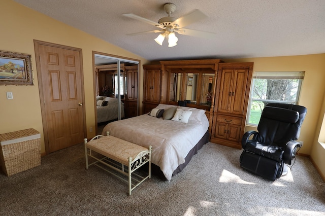 10196 48th St, Clear Lake, MN 55319 - bedroom with vaulted ceiling, carpet flooring, a closet, a textured ceiling, and ceiling fan