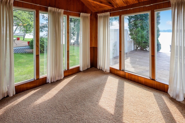 10196 48th St, Clear Lake, MN 55319 - unfurnished sunroom featuring wooden walls, plenty of natural light, vaulted ceiling, carpet floors, and wood ceiling