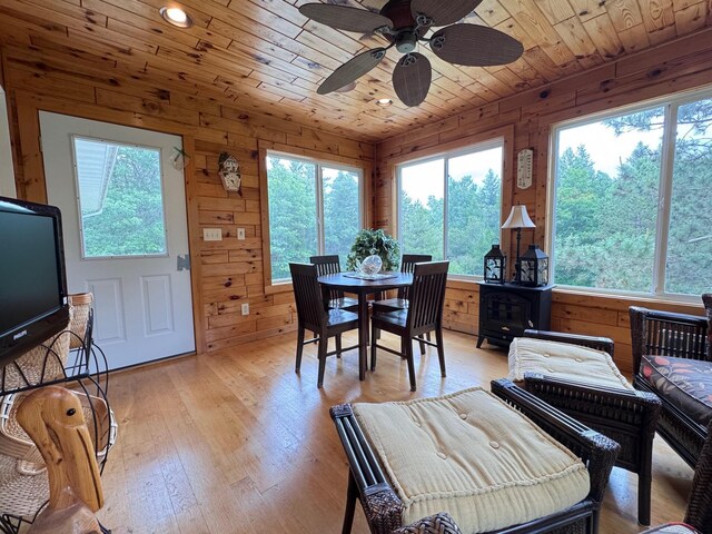 11672 147th Ave, Straight River Twp, MN 56464 - dining space featuring wooden walls, ceiling fan, wooden ceiling, light wood-type flooring, and recessed lighting