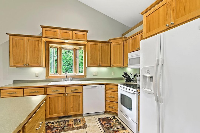 11672 147th Ave, Straight River Twp, MN 56464 - kitchen featuring white appliances, brown cabinets, high vaulted ceiling, and light tile patterned floors