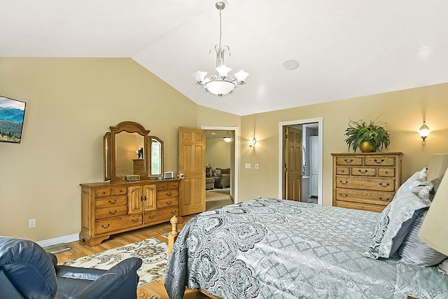 11672 147th Ave, Straight River Twp, MN 56464 - bedroom featuring a chandelier, vaulted ceiling, and light wood-style flooring