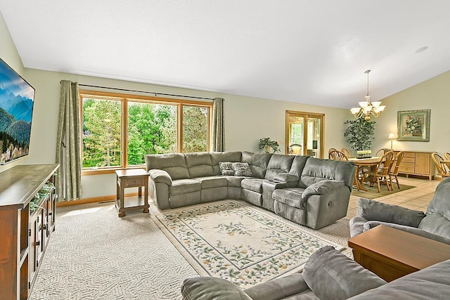 11672 147th Ave, Straight River Twp, MN 56464 - living area with a chandelier, vaulted ceiling, and light carpet