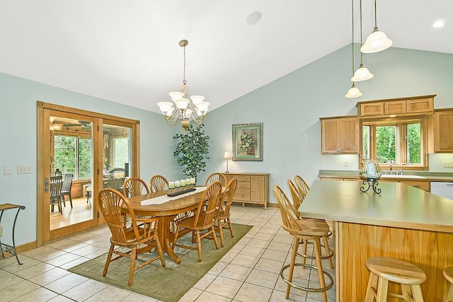 11672 147th Ave, Straight River Twp, MN 56464 - dining room with light tile patterned flooring, healthy amount of natural light, a chandelier, and high vaulted ceiling