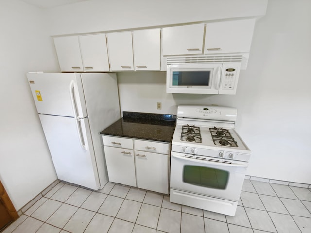8337 80th St S, Cottage Grove, MN 55016 - kitchen featuring white appliances, white cabinetry, and dark stone counters