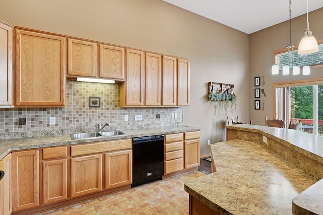 2936 18th Ave E, Shakopee, MN 55379 - kitchen with black dishwasher, backsplash, pendant lighting, light brown cabinets, and a high ceiling