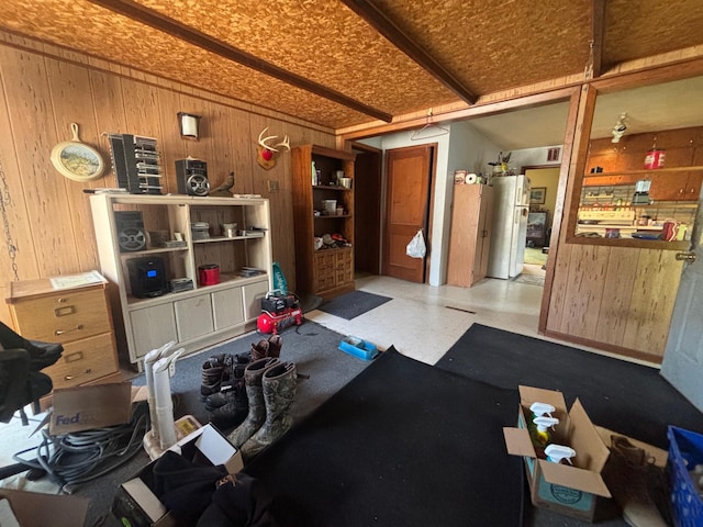 609 11th St N, Benson, MN 56215 - exercise room featuring wood walls, tile patterned floors, and water heater