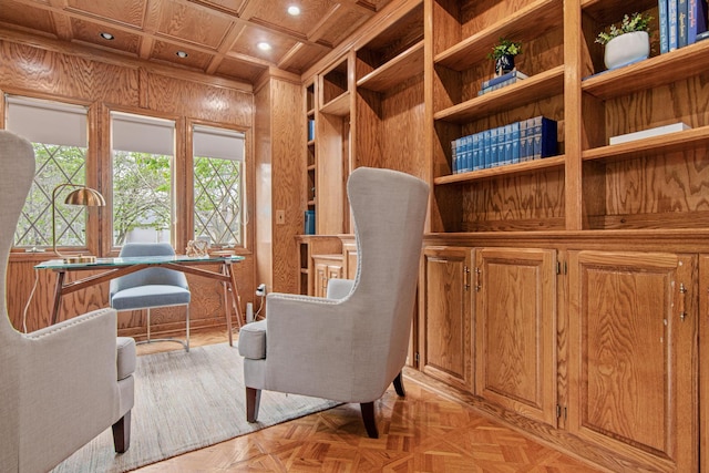 3817 Dunbar Ct N, Brooklyn Park, MN 55443 - living area with wood walls, a wooden ceiling with exposed beams, recessed lighting, a desk, and built in shelves
