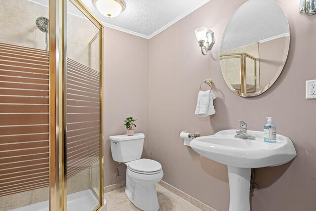 3817 Dunbar Ct N, Brooklyn Park, MN 55443 - bathroom with a stall shower, crown molding, tile patterned flooring, and a textured ceiling