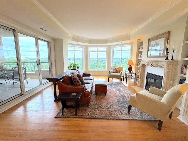 8301 Creekside Cir Unit 570, Bloomington, MN 55437 - living area featuring a raised ceiling, ornamental molding, wood finished floors, and a fireplace with flush hearth