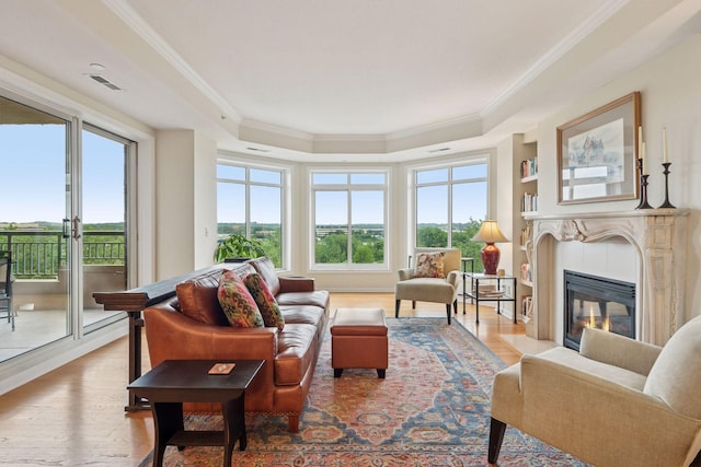 8301 Creekside Cir Unit 570, Bloomington, MN 55437 - living room featuring a tray ceiling, ornamental molding, plenty of natural light, and wood finished floors