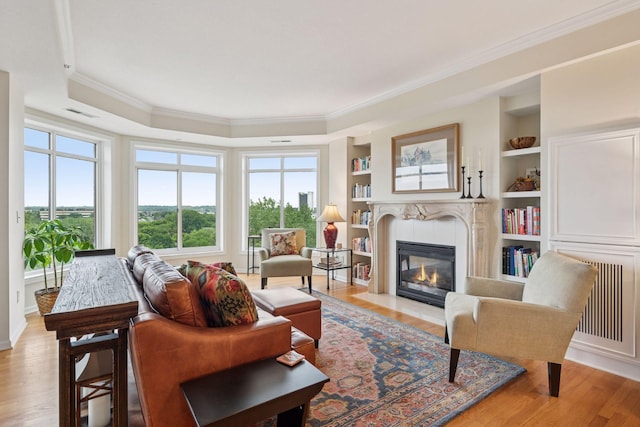 8301 Creekside Cir Unit 570, Bloomington, MN 55437 - living room with ornamental molding, a raised ceiling, light wood finished floors, a fireplace with flush hearth, and built in shelves