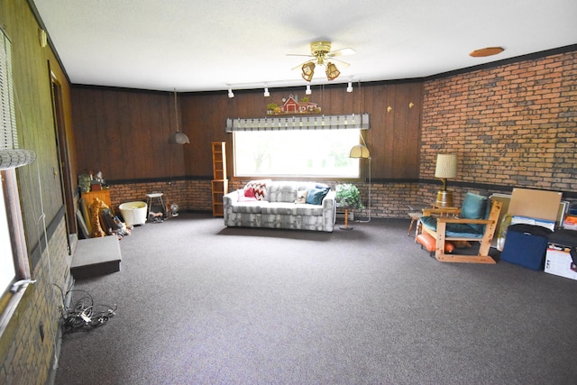 21840 320th Ave NW, Warren, MN 56762 - living area with brick wall, carpet, and ceiling fan