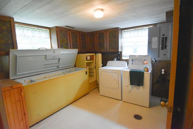 21840 320th Ave NW, Warren, MN 56762 - washroom featuring washer and clothes dryer, electric panel, healthy amount of natural light, and cabinet space