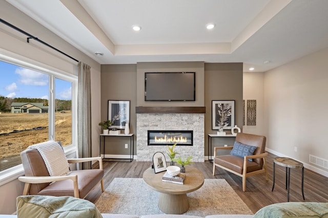 1486 Otter Way, New Richmond, WI 54017 - living room with wood finished floors, recessed lighting, a stone fireplace, and a tray ceiling
