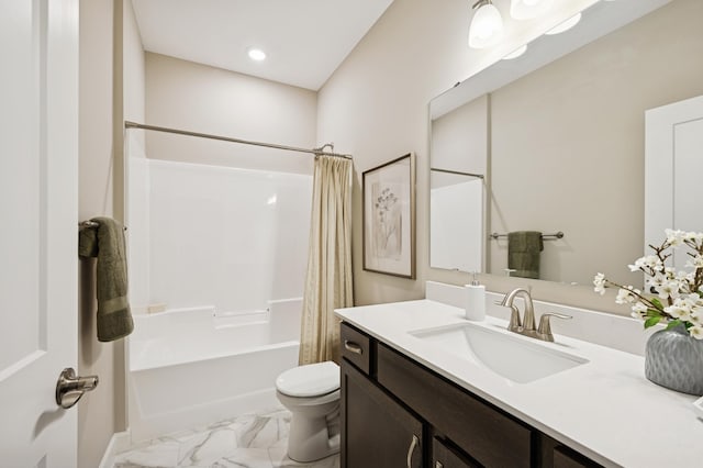 1486 Otter Way, New Richmond, WI 54017 - full bath with marble look tiles, vanity, shower / bath combination with curtain, and recessed lighting