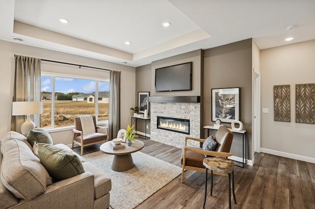 1486 Otter Way, New Richmond, WI 54017 - living area with dark wood-type flooring, a stone fireplace, recessed lighting, and a raised ceiling